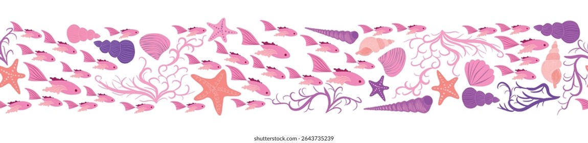 Seamless horizontal banner pattern with shells, bubbles, seaweed, fish, corals and starfish. Marine life on white background