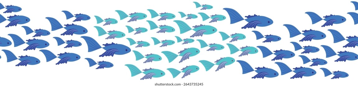 Seamless horizontal banner pattern with shells, bubbles, seaweed, fish, corals and starfish. Marine life on white background