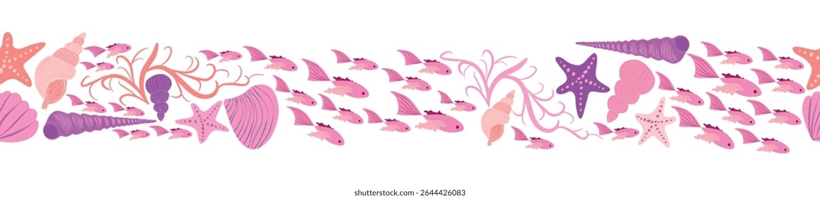 Seamless horizontal banner pattern with shells, bubbles, seaweed, fish, corals and starfish. Marine life on white background