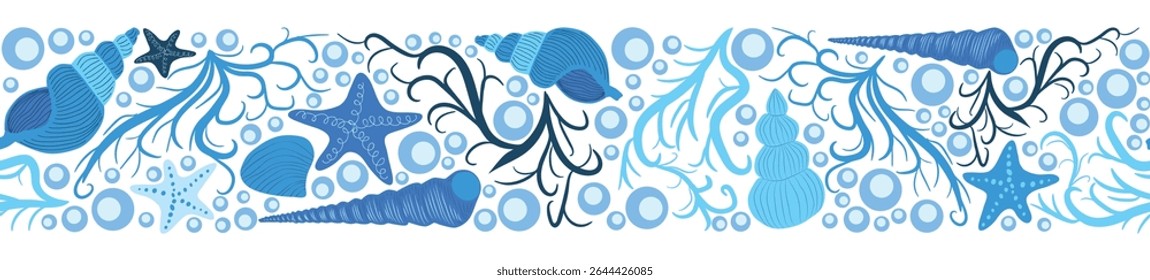 Seamless horizontal banner pattern with shells, bubbles, seaweed, fish, corals and starfish. Marine life on white background