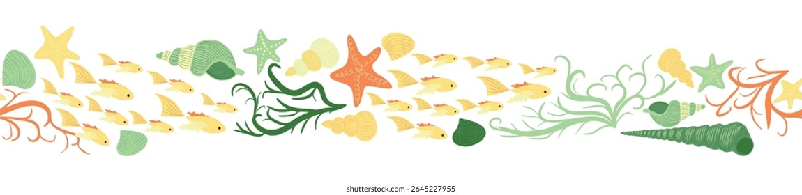 Seamless horizontal banner pattern with shells, bubbles, seaweed, fish, corals and starfish. Marine life on white background