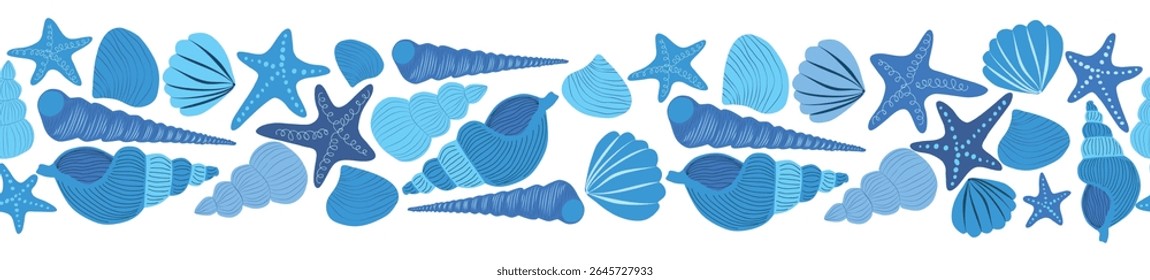 Seamless horizontal banner pattern with shells, bubbles, seaweed, fish, corals and starfish. Marine life on white background