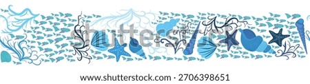 Seamless horizontal banner pattern with shells, bubbles, seaweed, fish, corals and starfish. Marine life on white background