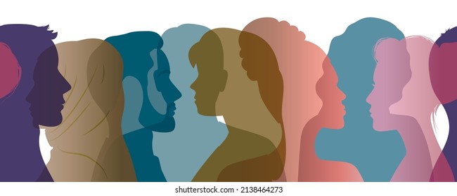 Seamless horizontal banner of silhouettes of different people. Men, women, international. Vector flat illustration