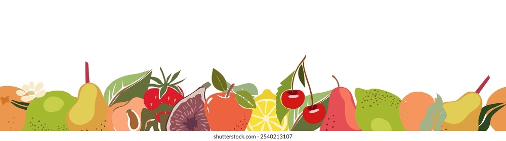 Plantilla de Anuncio Horizontal sin fisuras con frutas jugosas orgánicas frescas en el borde inferior aislado en el fondo blanco. Ilustración vectorial decorativa en estilo plano para publicidad, promoción.