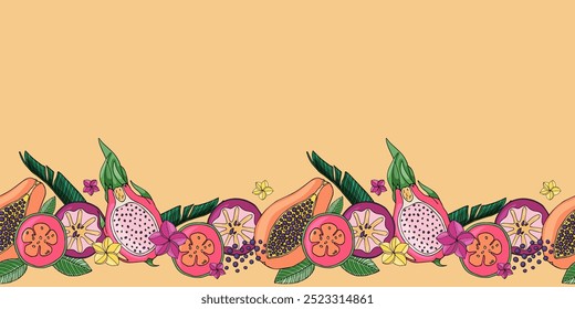 Banner horizontal sem emenda com frutas e plantas tropicais. Ilustração de feriado de vetor bonito.