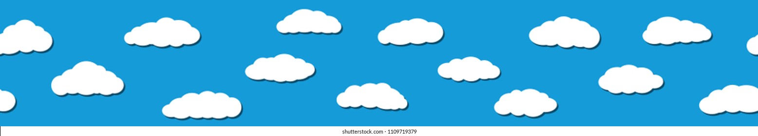 Seamless horizontal banner of white clouds with shadows in flat style on light blue background.