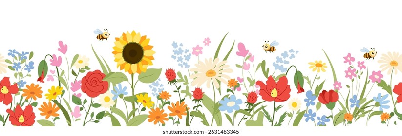 Flor selvagem horizontal e abelhas sem costura. Borda floral. Prado de verão rústico com papoulas, girassóis, margaridas e plantas de campo. Padrão de vetor para design natural, impressão, decoração e embalagem