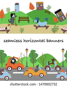seamless horizontal banners with dog in the city - vector illustration, eps