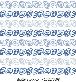 Seamless horizontal blue hand drawn pattern with curled ornament. (vector)