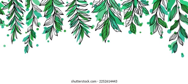 Seamless horizontal border, abstract art with summer meadow plants, wild flowers, leaves branch and Hand Drawn doodle Scribble floral plants. Design for wall decoration, postcard, poster or brochure