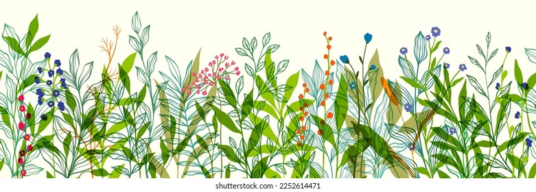 Seamless horizontal border, abstract art with summer meadow plants, wild flowers, leaves branch and Hand Drawn doodle Scribble floral plants. Design for wall decoration, postcard, poster or brochure