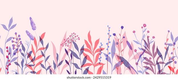 Seamless horizontal border, abstract art with summer meadow plants, wild flowers, leaves branch and Hand Drawn doodle Scribble floral plants. Design for wall decoration, postcard, poster or brochure