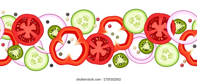 Seamless horizontal border background of sliced vegetables, ingredients for burger or salad. Vector illustration cartoon flat icons composition.