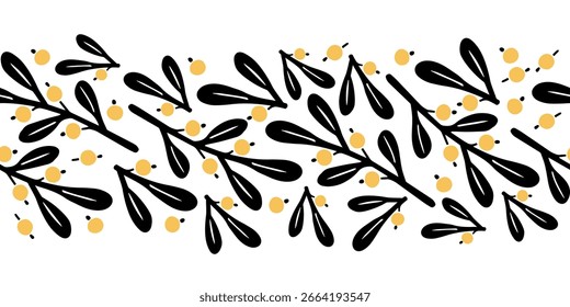 Borde Horizontal sin fisuras con ramas negras y bayas amarillas, Ilustración vectorial