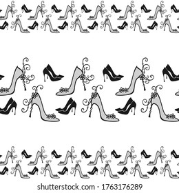 Seamless horizontal border of black and openwork black high heels shoes with flowers on a white. Vector design template for shoe store, shoe factory, printing on packaging, sales packages and textile