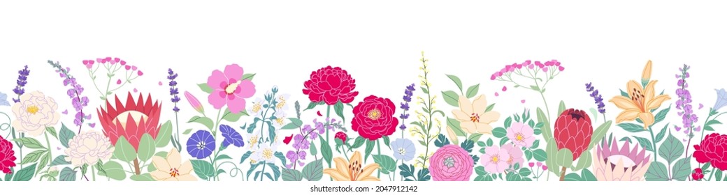 Seamless horizontal border with blooming flowers on white background. Multicolored garden flowers in row. Banner with floral pattern. Summer botanical vector flat illustration.