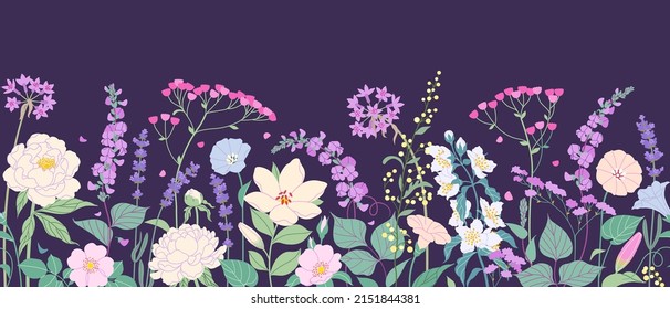 Nahtlose horizontale Grenze mit blühenden Blumen auf dunklem Hintergrund. mehrfarbige Gartenblumen in Reihe. Banner mit Blumenmuster. Sommerbotanische Vektorgrafik.