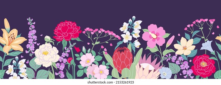 Seamless horizontal border with blooming flowers on dark background. Multicolored garden flowers in row. Banner with floral pattern. Summer botanical vector flat illustration.