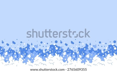 A seamless horizontal border of blue and white soap bubbles creates a frothy foam pattern on a light blue background. This cartoon poster of suds is ideal for bath products, laundry detergent ads.