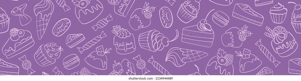 Seamless horizontal border with cakes and sweets. Hand drawn doodle desserts on purple background. Vector illustration.