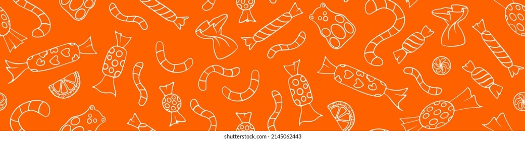 Seamless horizontal border with caramel and jelly sweets. Cute doodle pattern. Vector illustration.