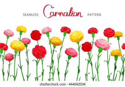 Seamless horizontal border of Carnation flowers. The multicolored buds on long stems. Middle filling space design