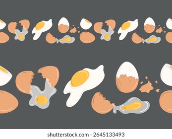 Seamless horizontal border with chicken eggs. Hand drawn vector illustration in flat style. Whole and broken brown eggshell eggs, boiled, fried eggs, yolk. Concept of tasty breakfast, farm, cooking