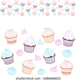 Nahtlose horizontale Grenze von bunten Muffins, Cupcakes, Meringue. Design für Cafe, Süßladen, Konditorei, Konditorei, Druck auf Verpackung, Wrapper, Papier, Menü. Vektorillustration-Dekorationselemente