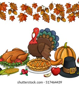 Seamless horizontal border with colorful Thanksgiving icons. Colorful sketch style greeting card with traditional food, leaves and turkey decoration. Vector.