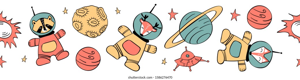 Seamless horizontal border with cute animals in space. Vector illustration.
