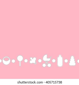 A seamless horizontal border with cute baby toy icons in a white stitch or applique style. This pink background with copy space is perfect for a baby shower invitation for a girl or a birth announceme