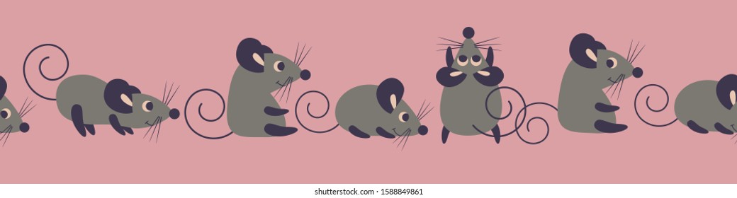 Seamless horizontal border with cute cartoon mice. Grey animals on pink background. Flat vector illustration.