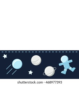 A seamless horizontal border with a cute cartoon astronaut, planets, and stars on a dark blue background. This repeatable pattern is perfect for a website header, children's room decor, or stationery.
