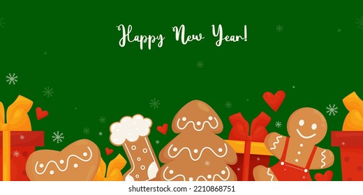 Frontera horizontal sin inconvenientes con la adorable navidad, el pan de jengibre, los regalos y el hombre de pan de jengibre y la inscripción Feliz Año Nuevo. Ilustración vectorial. plantilla de tarjeta de saludo sobre fondo verde para el diseño