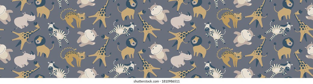 Seamless horizontal border with cute and funny african animals. Cartoon characters on a poster with gray background. Vector illustration.