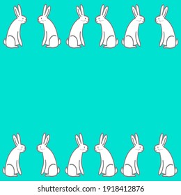 Frontera horizontal sin inconvenientes con una pareja de conejos dibujada a mano adorable en estilo doodle, ilustración con conejo, banner con fondo turquesa, impresión para diseño textil y de tela, motivo simple en estilo infantil