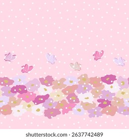 Seamless horizontal border with cute hand drawn multicolor florets and butterflies on pink background polka dot. Summer textile print in vintage style. For textile, gift paper, greeting card. Vector.