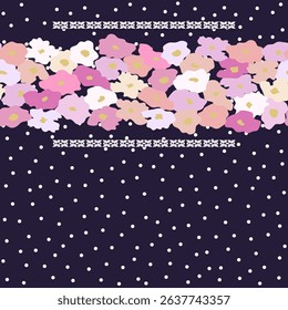 Seamless horizontal border with cute hand drawn pink florets and white ornament on black background polka dot. Summer textile print in vintage style. For textile, gift paper, greeting card. Vector.