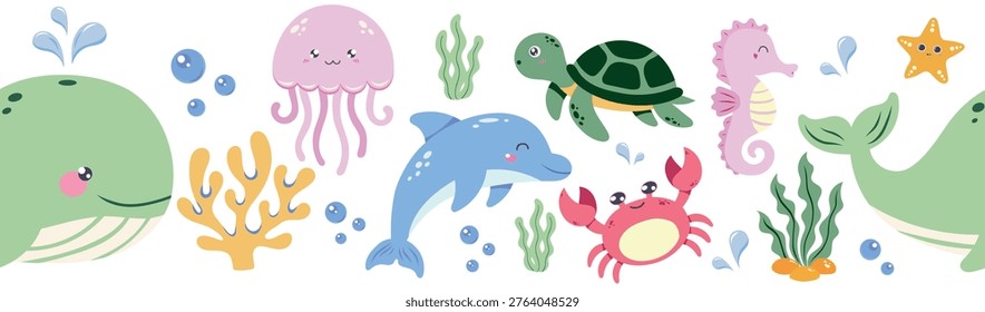 Seamless horizontal border with cute ocean animals and marine elements including whale, dolphin, turtle, jellyfish, crab and coral, perfect for kids design, packaging, fabric and decorative layouts