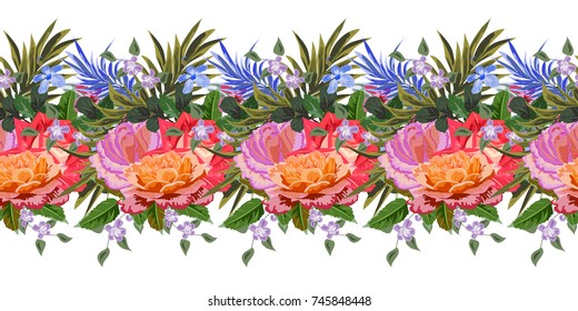 Seamless horizontal border with cute roses and tropical plants. Design for cloth, wallpaper, gift wrapping. Print for silk, calico and home textiles.Vintage natural pattern.