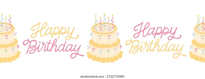 Nahtlose horizontale Umrandung mit niedlichen Vektorgeburtstorten und Happy Birthday Schriftzug. Texturierte Pastelldoodle-Stil für Kinder Kinderzimmer Dekor Kleidung Stoffdrucke und festliche Party Verpackung