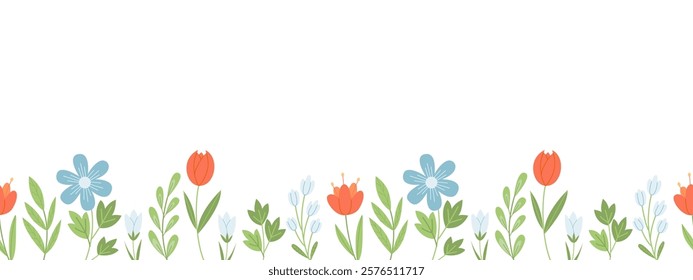 Seamless horizontal border with cute wildflowers and leaves. Botanical background in hand drawn style