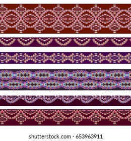 Seamless horizontal border  with decorative elements. Traditional ethnic colored ornament. Vector set . Folk art  background. Use for textile design, embroidery, braid, tape, ribbon.