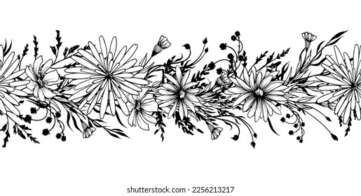 Seamless horizontal border with decorative wild flowers and herbs. Black and white hand drawn vector illustration.