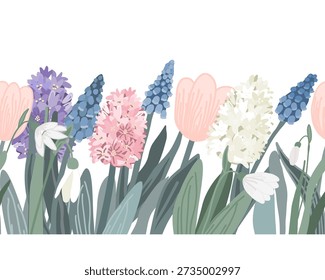 Seamless horizontal border design with tulips, snowdrops, and hyacinths. Vector pattern illustration