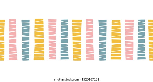 Seamless horizontal border doodle blocks. Vector pattern abstract stripes illustration. Ribbon trim. Colorful repeating lines, use for kids fabric, cards, birthday invites, children decor, banner