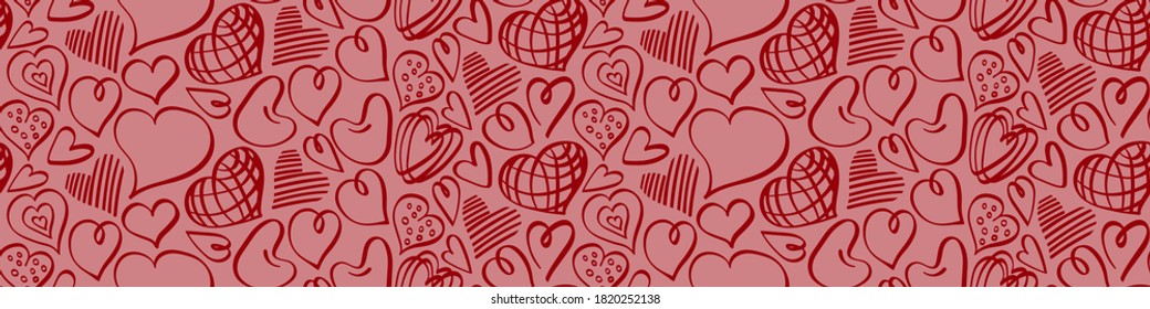 Seamless horizontal border with doodle heart shapes on pink background. Vector illustration.