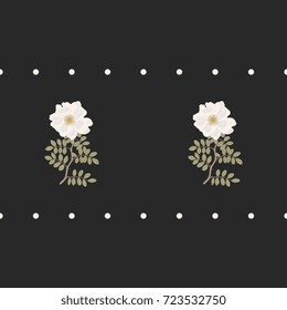 Seamless horizontal border with dotted lines and floral summer motifs. Boughs of white wild rose.