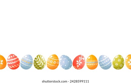 Seamless horizontal border of Easter colorful eggs with cute patterns. Happy easter. Easter banner, card, poster.Design element. Vector illustration on a white background.